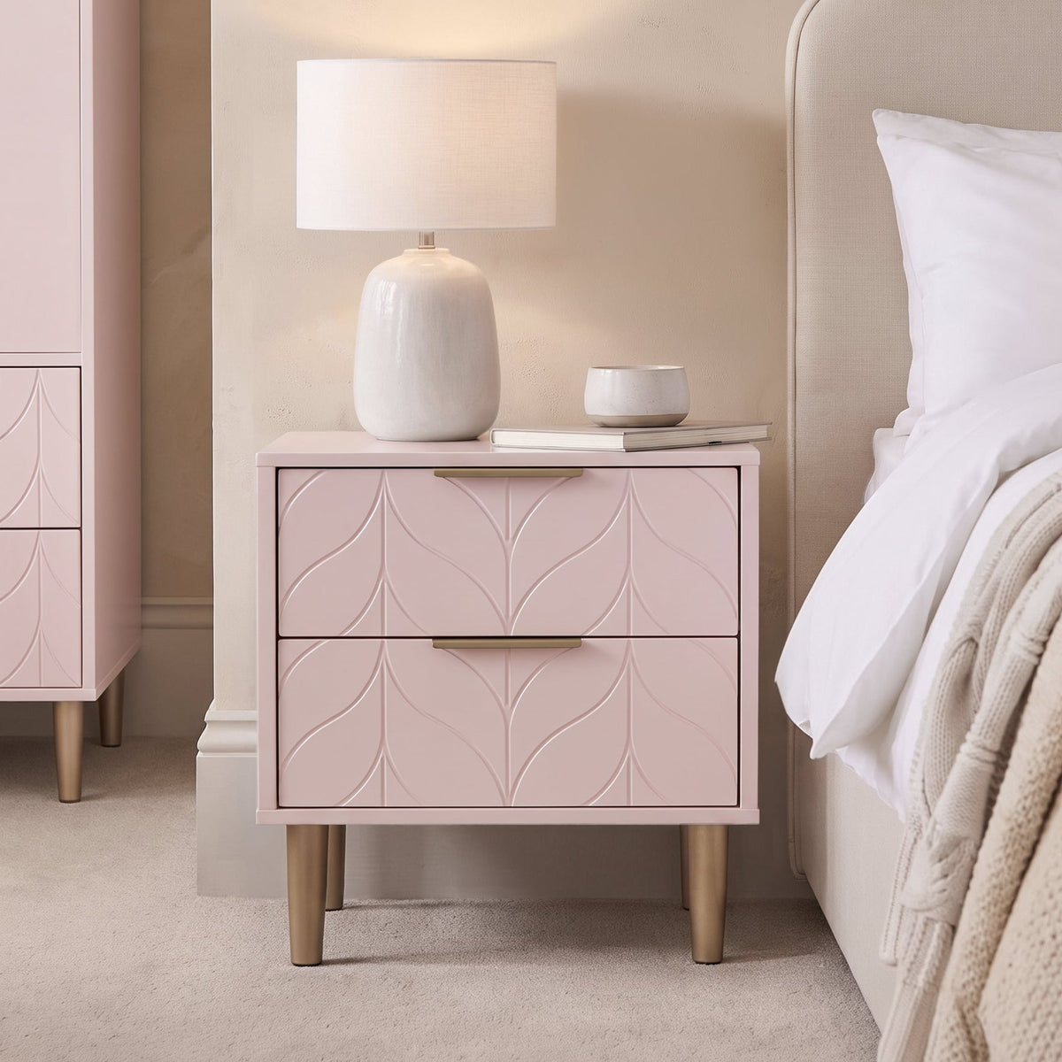 Gloria Bedside Table - Blush Pink & Brass Effect
