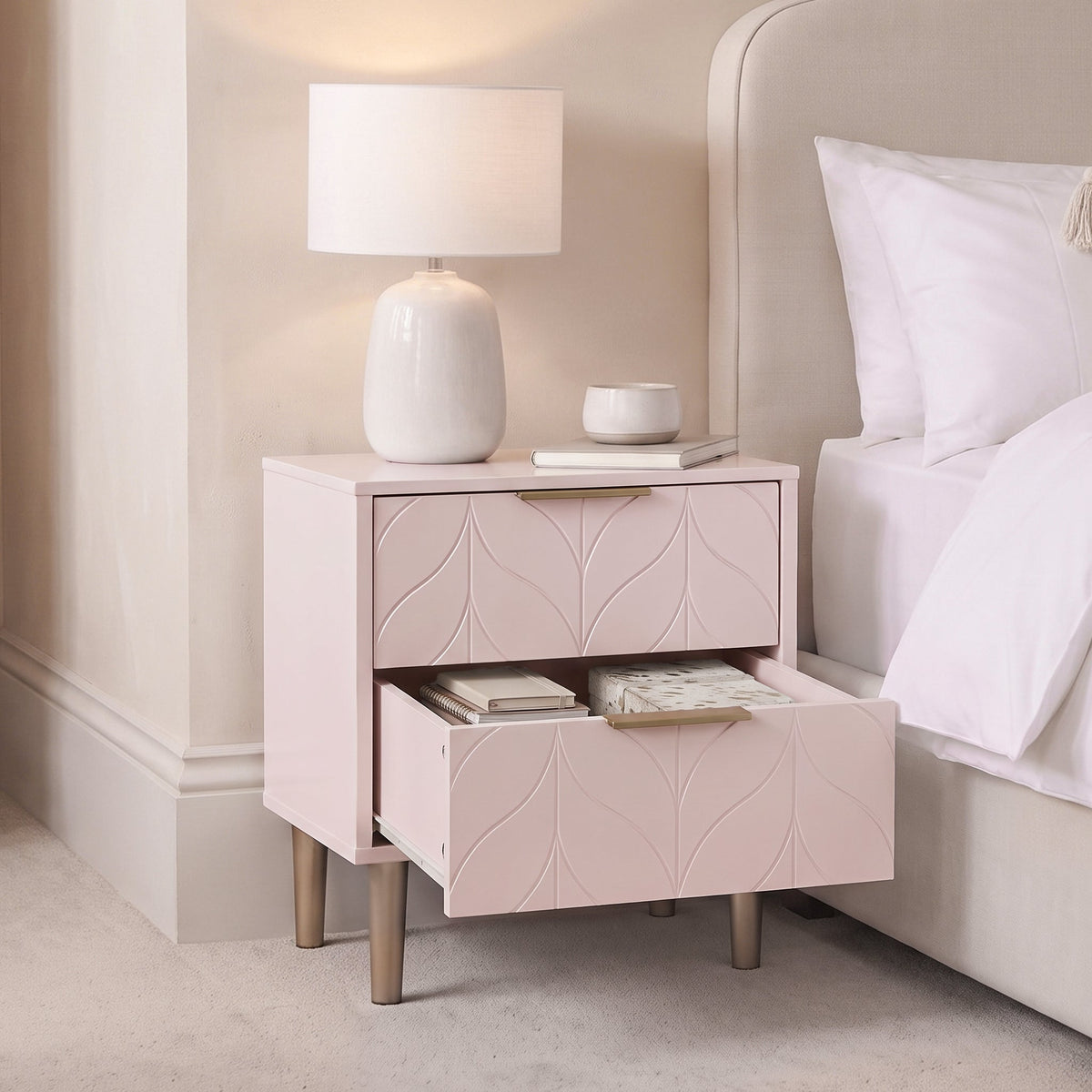 Gloria Bedside Tables - Set of 2 - Blush Pink & Brass Effect