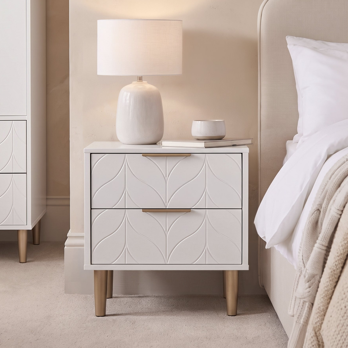 Gloria Bedside Tables - Set of 2 - White & Brass Effect