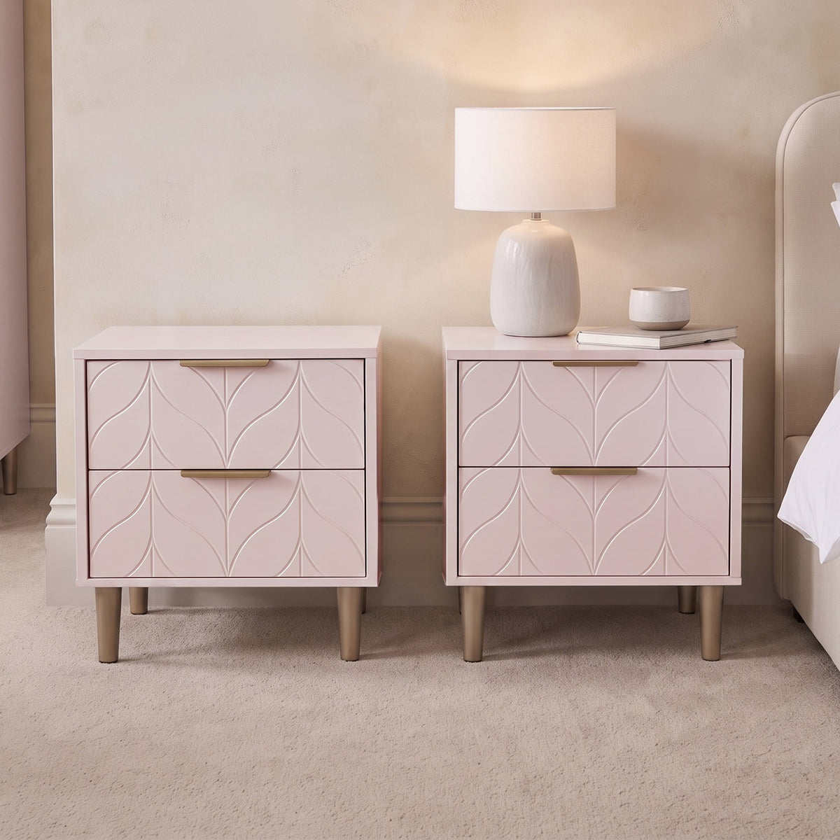Gloria Bedside Tables - Set of 2 - Blush Pink & Brass Effect