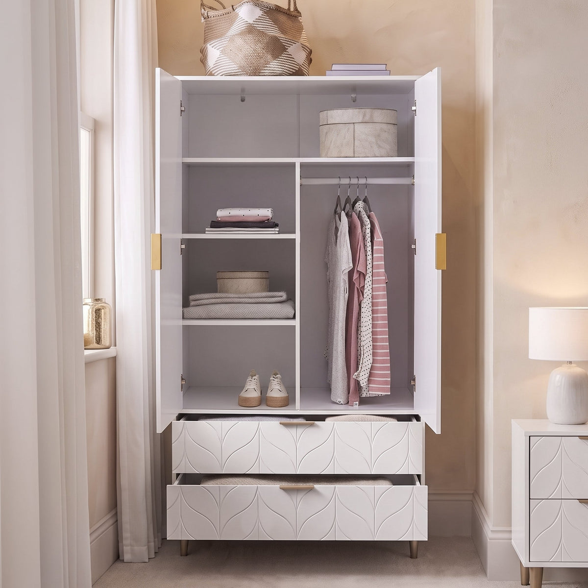 Gloria Wardrobe & Drawers Set - 4 Over 4 Chest of Drawers - White