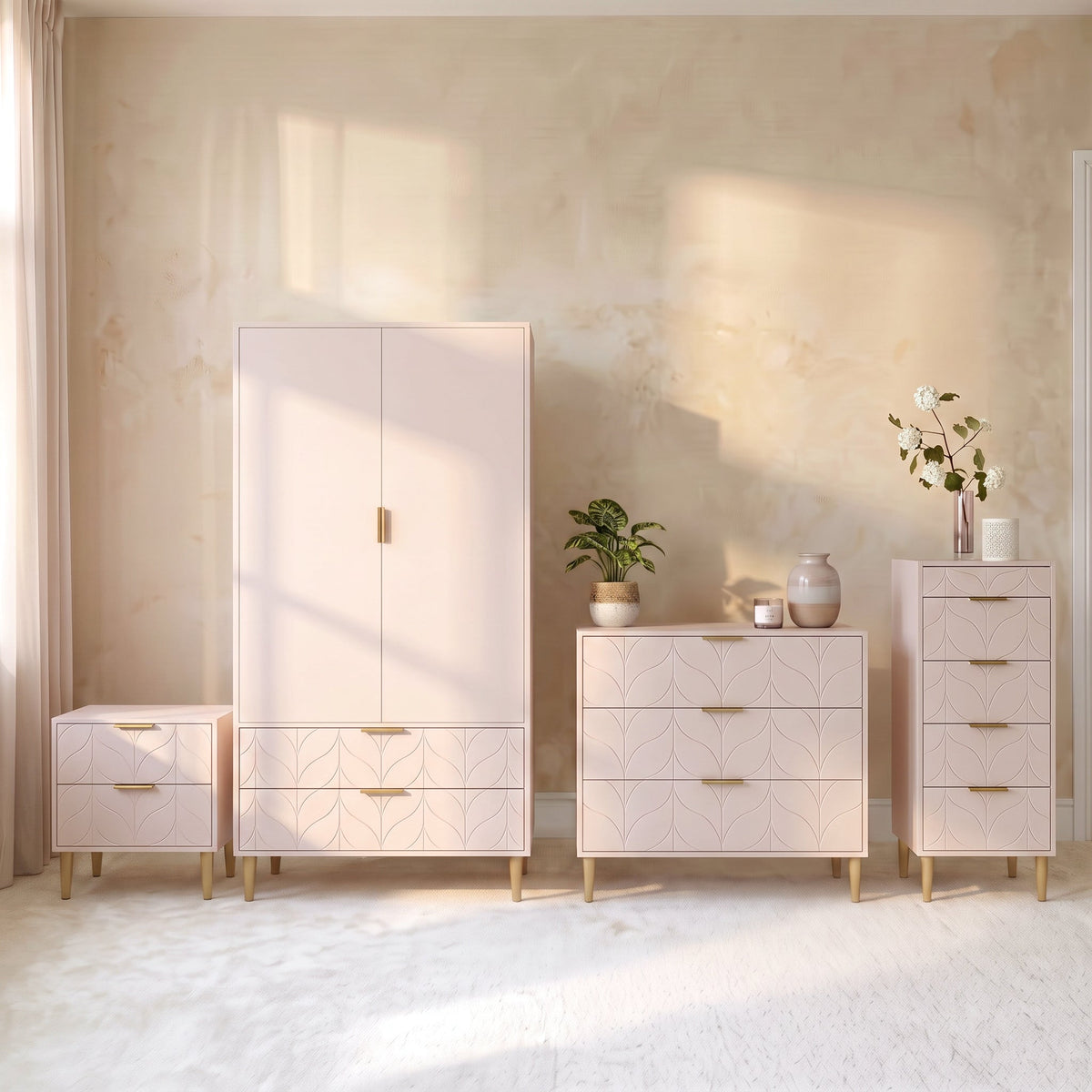 Set-Gloria Bedside Table - 3 Drawer Chest - Tallboy & Wardrobe - Blush Pink