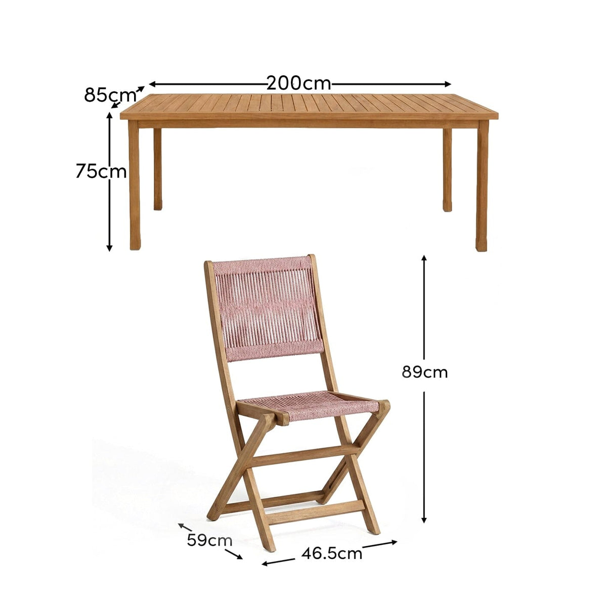 Harlyn 6 Seater Wooden Garden Dining Set with Cove Pink Rope Chairs - 200cm
