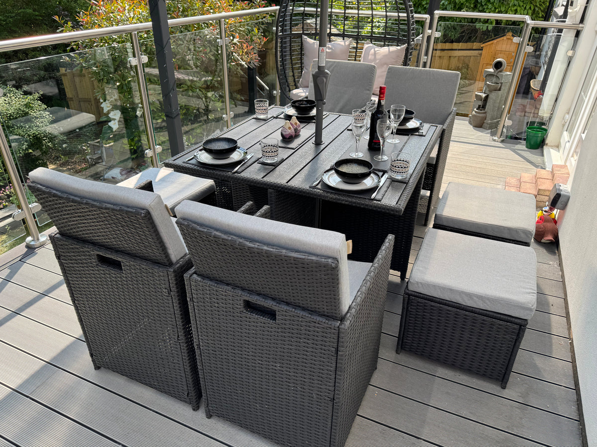 Cube 8 Seater Rattan Outdoor Dining Set - Black Weave Polywood Top