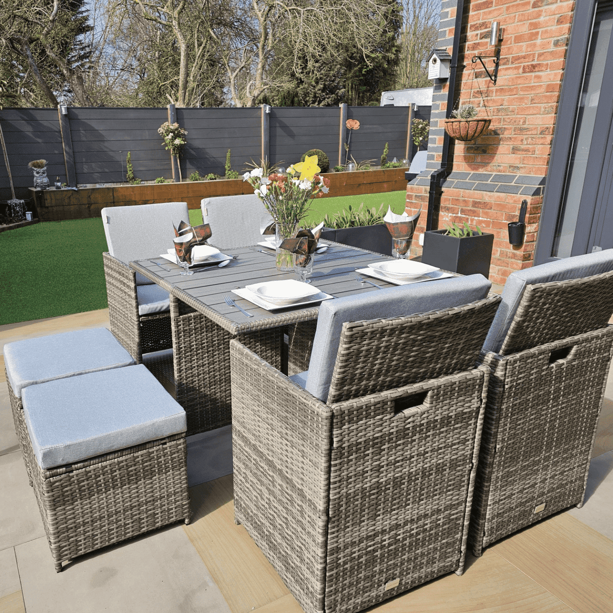 Cube 8 Seater Rattan Outdoor Dining Set - Grey Weave Polywood Top