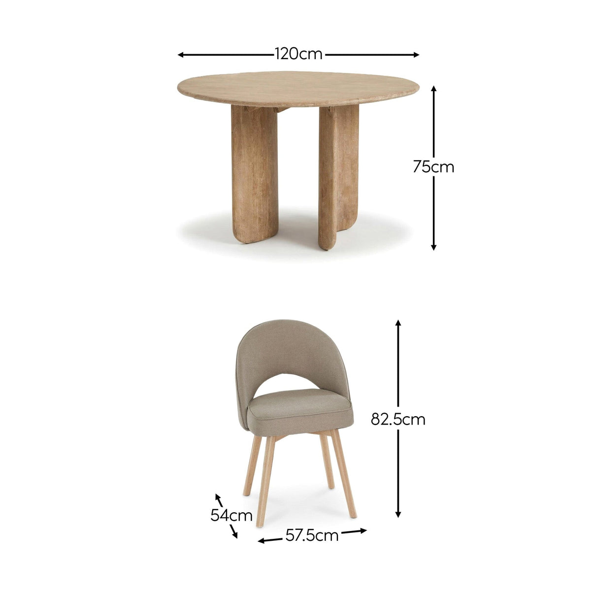 Imogen 120cm Chalked Mango Wood Round Dining Table Set  - 4 Seater - Marilyn Soft Beige Dining Chairs - Chalked Mango Wood Legs