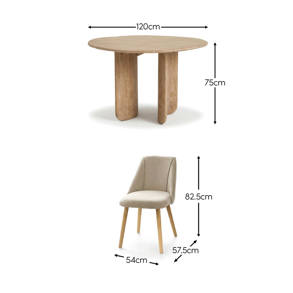 Imogen 120cm Chalked Mangowood  Round Dining Table Set - 4 Seater - Freya Sand Dining Chairs - Chalked Mangowood Legs