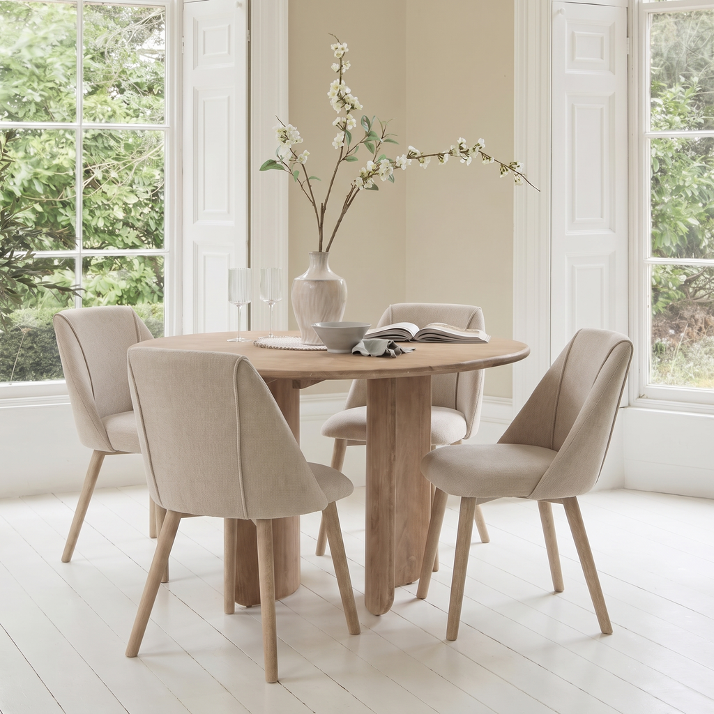 Imogen 120cm Chalked Mangowood  Round Dining Table Set - 4 Seater - Freya Sand Dining Chairs - Chalked Mangowood Legs