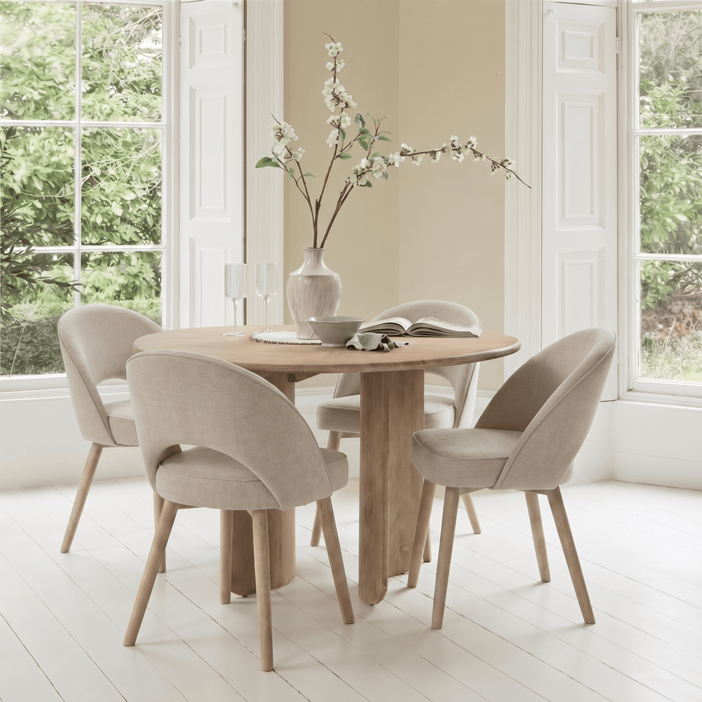 Imogen 120cm Chalked Mango Wood Round Dining Table Set  - 4 Seater - Marilyn Soft Beige Dining Chairs - Chalked Mango Wood Legs
