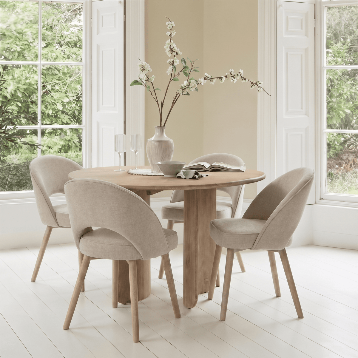 Imogen 120cm Chalked Mango Wood Round Dining Table Set  - 4 Seater - Marilyn Soft Beige Dining Chairs - Chalked Mango Wood Legs
