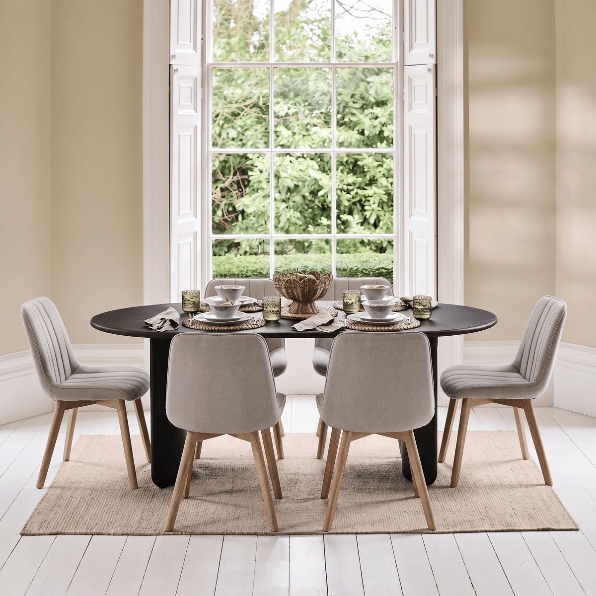 Imogen 190cm Black Mango Wood Dining Table Set  - 6 Seater - Bella Soft Beige Dining Chairs - Chalked Mango Wood Legs
