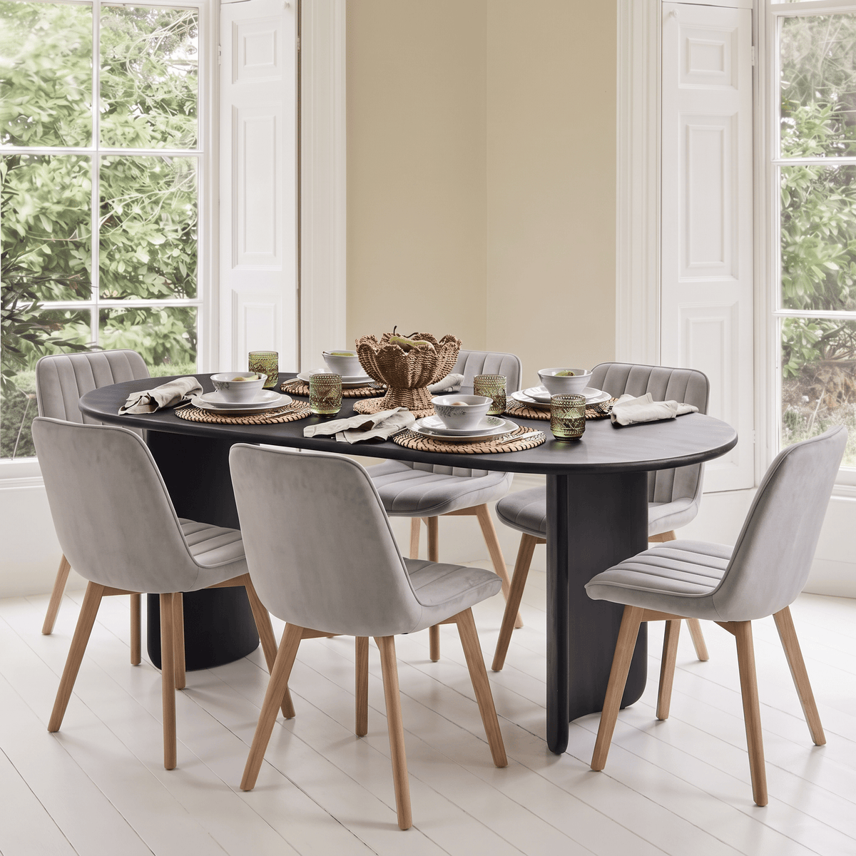 Imogen 190cm Black Mango Wood Dining Table Set  - 6 Seater - Bella Soft Beige Dining Chairs - Chalked Mango Wood Legs