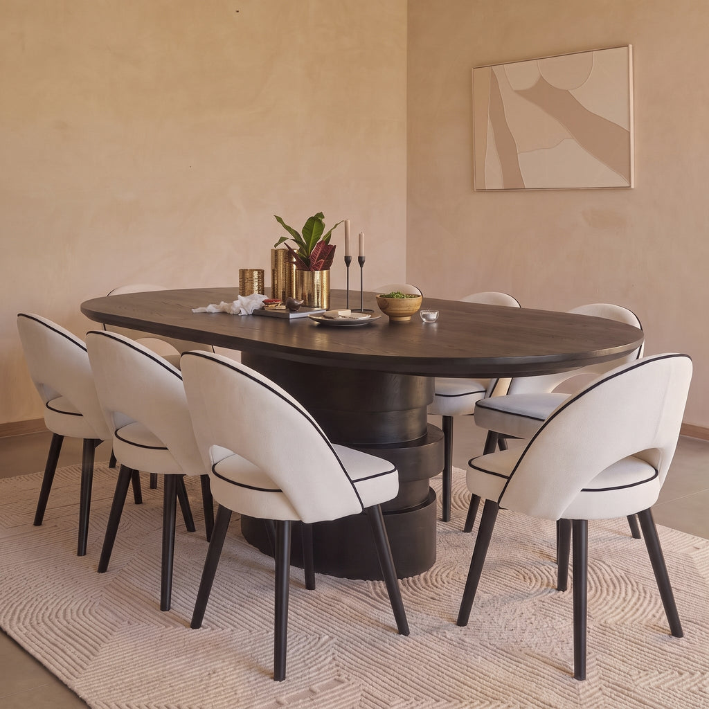 Adam 240cm Jet Black Mango Wood Oval Dining Table Set - 8 Seater - Marilyn Ivory with Jet Black Piping Dining Chairs - Black Oak Legs