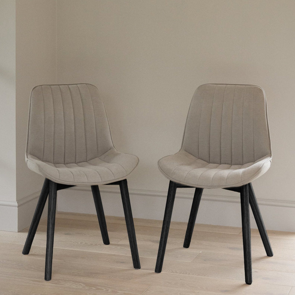 Amelia Whitewash Extendable Dining Table Set - 6 Seater - Bella Soft Beige Dining Chairs - Black Legs