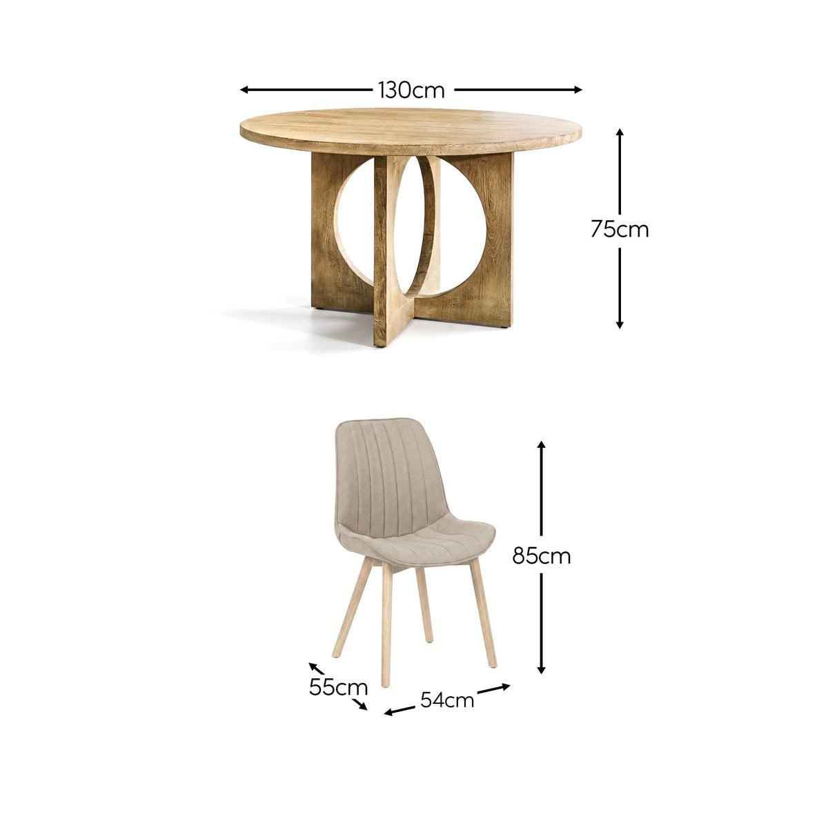 Jade 130cm Chalked Mango Wood Round Dining Table Set - 4 Seater - Bella Soft Beige Dining Chairs - Chalked Mango Wood Legs