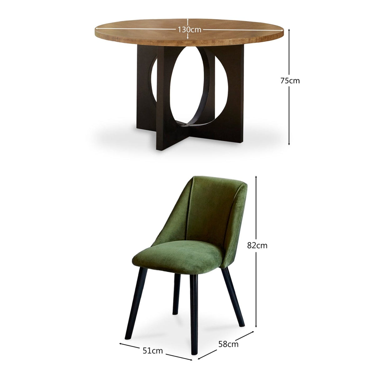 Jade Mango Wood Round Dining Table Set - 4 Seater - Freya Fern Green Dining Chairs with Black Legs