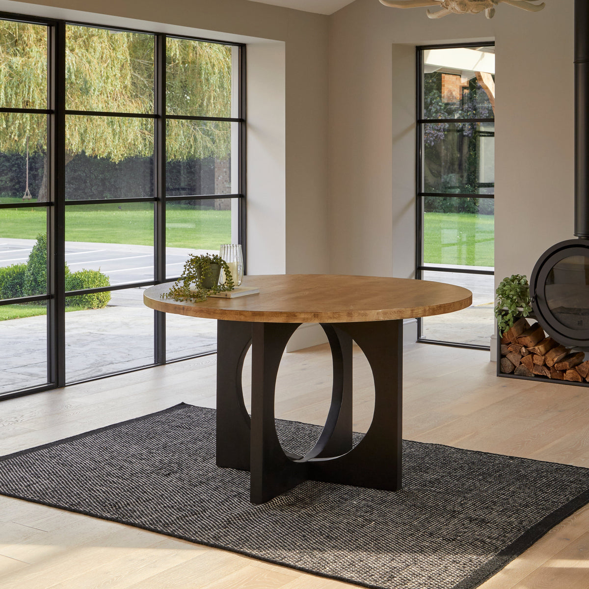 Jade Mango Wood Round Dining Table Set - 4 Seater - Freya Fern Green Dining Chairs with Black Legs