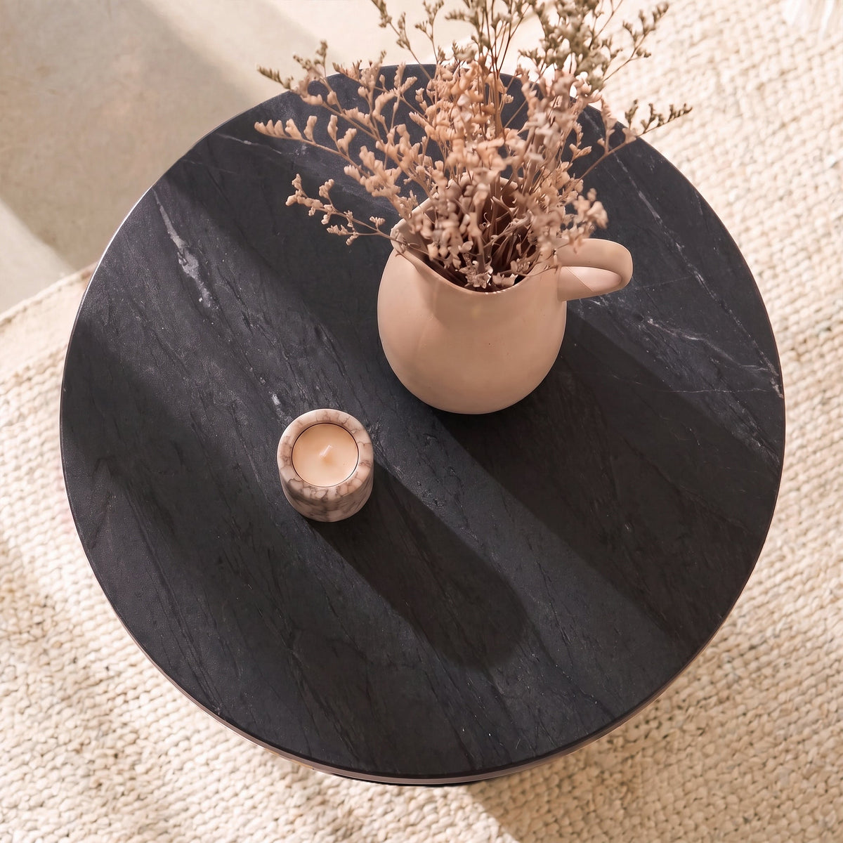 Adam 45cm Jet Black Mango Wood & Black Marble Round Side Table