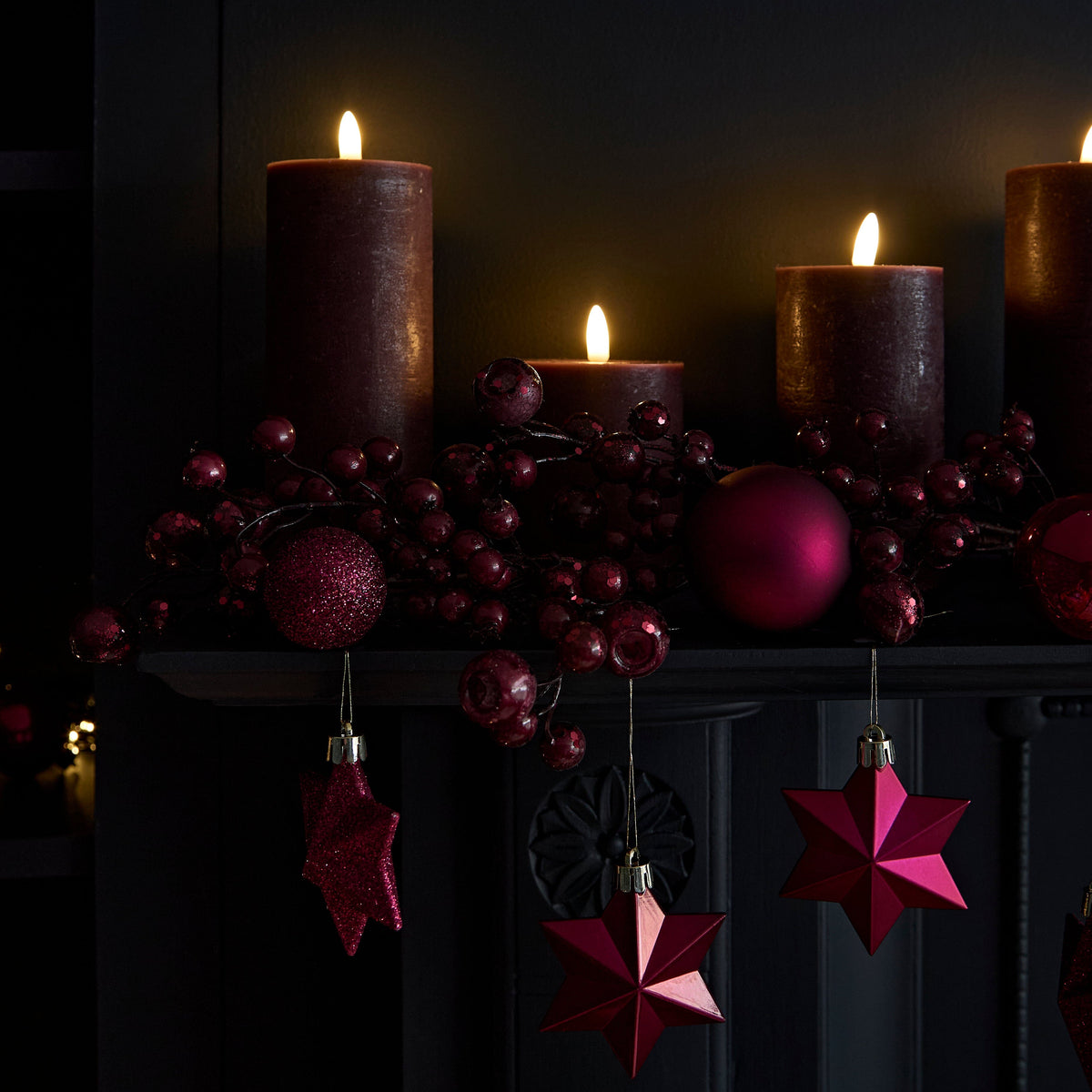 Samsta Battery Pillar Candles - Set of 3 - Burgundy Red