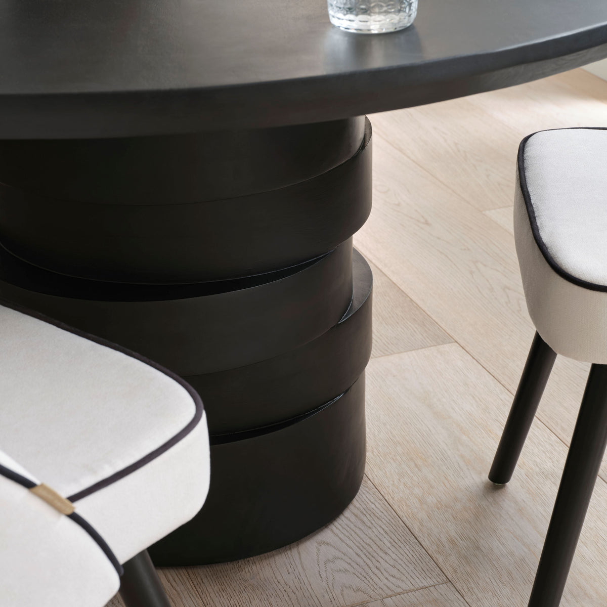 Adam 135cm Jet Black Mango Wood Round Dining Table Set - 4 Seater - Marilyn Ivory with Jet Black Piping Dining Chairs - Black Oak Legs