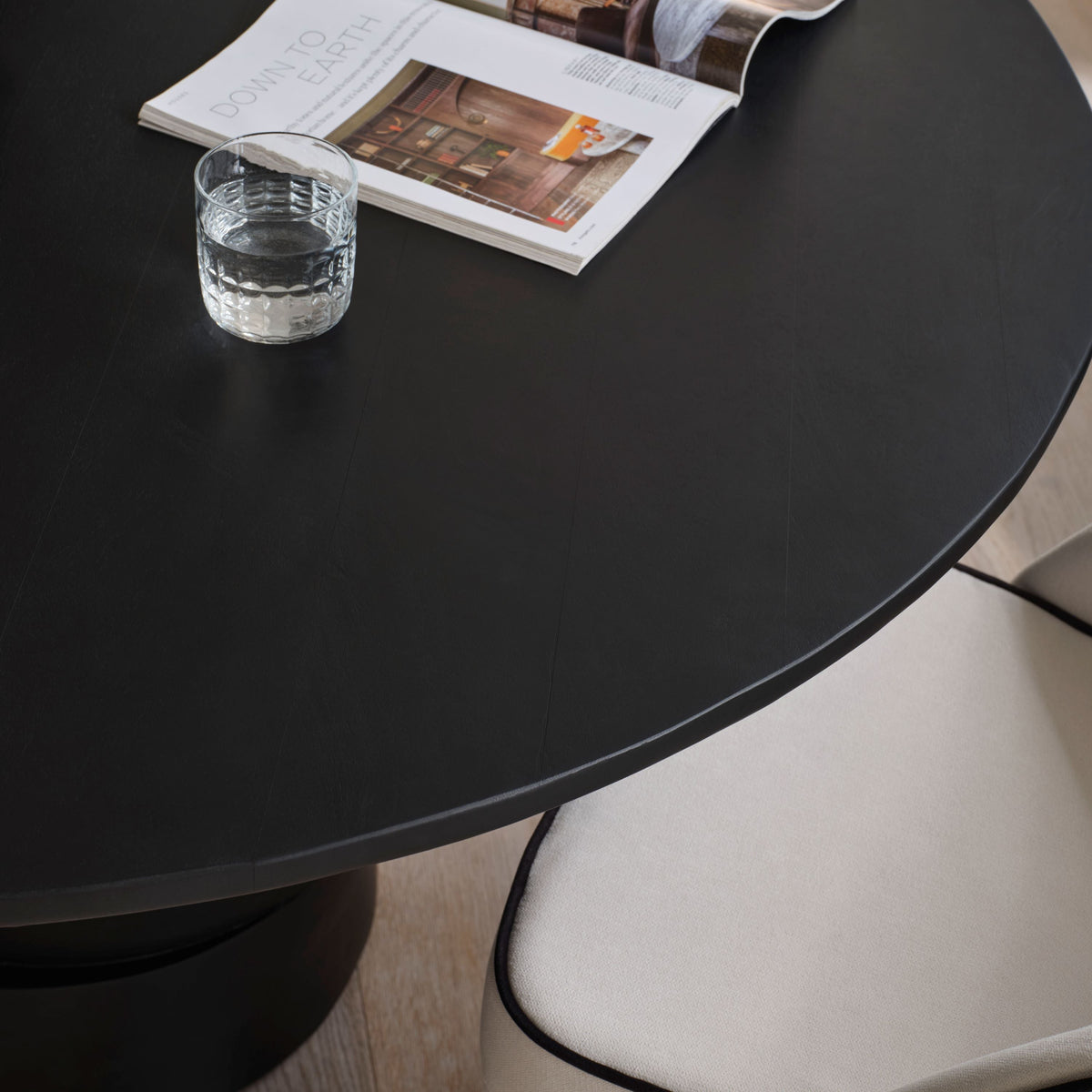 Adam 135cm Jet Black Mango Wood Round Dining Table Set - 4 Seater - Marilyn Ivory with Jet Black Piping Dining Chairs - Black Oak Legs