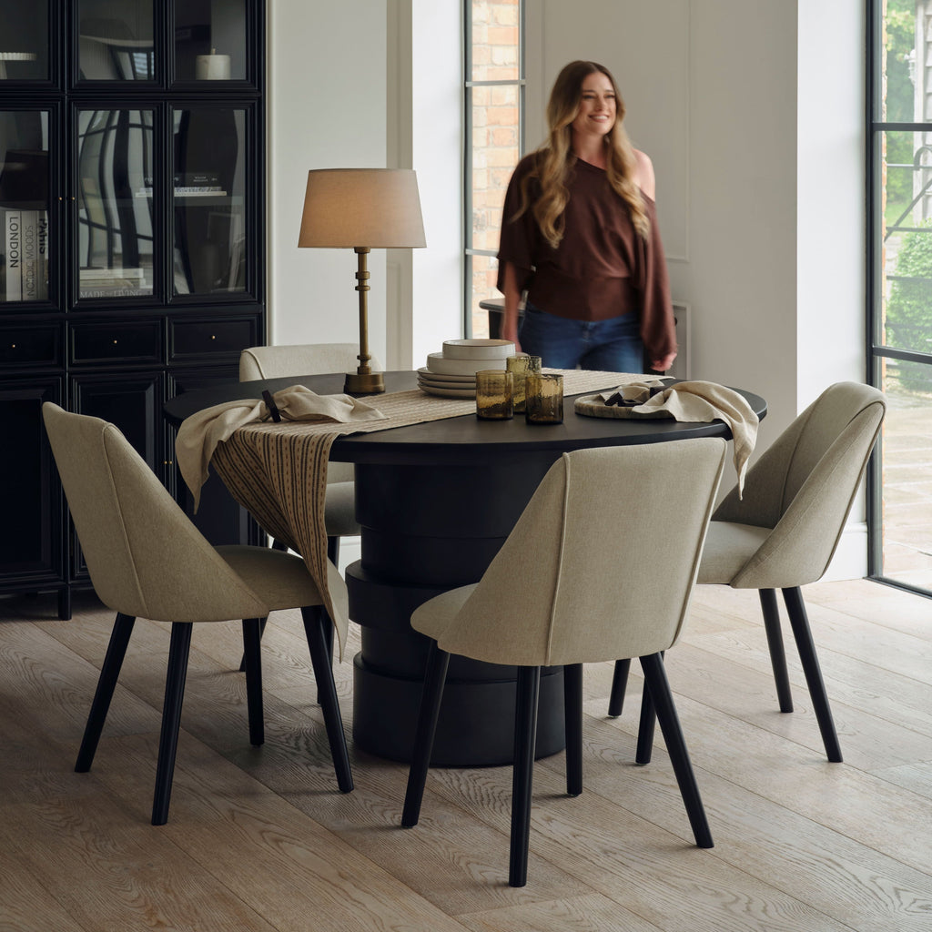 Adam 135cm Jet Black Mango Wood Round Dining Table Set - 4 Seater - Freya Sand Dining Chair - Black Oak Legs