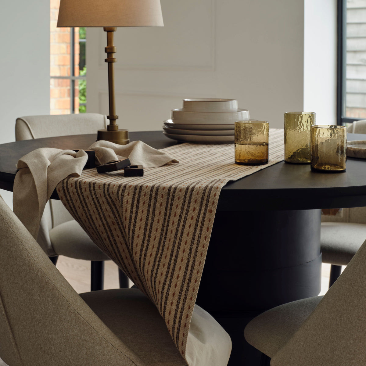 Adam 135cm Jet Black Mango Wood Round Dining Table Set - 4 Seater - Freya Sand Dining Chair - Black Oak Legs
