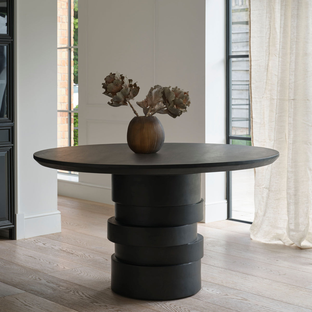 Adam 135cm Jet Black Mango Wood Round Dining Table Set - 4 Seater - Marilyn Ivory with Jet Black Piping Dining Chairs - Black Oak Legs