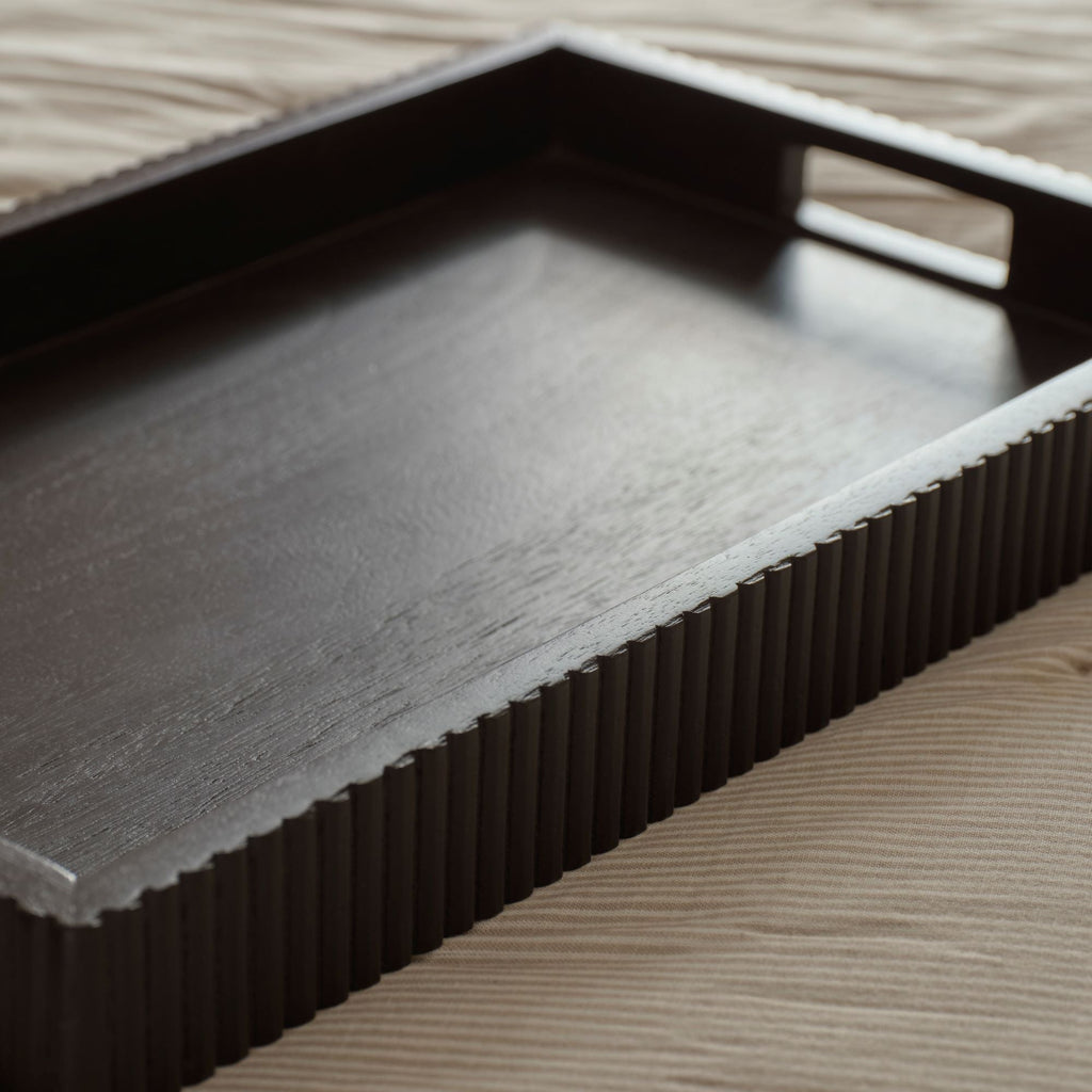Jade 50cm Rectangular Ribbed Tray - Jet Black Mango Wood
