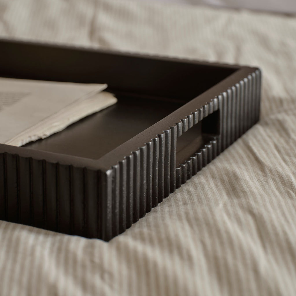 Jade 50cm Rectangular Ribbed Tray - Jet Black Mango Wood