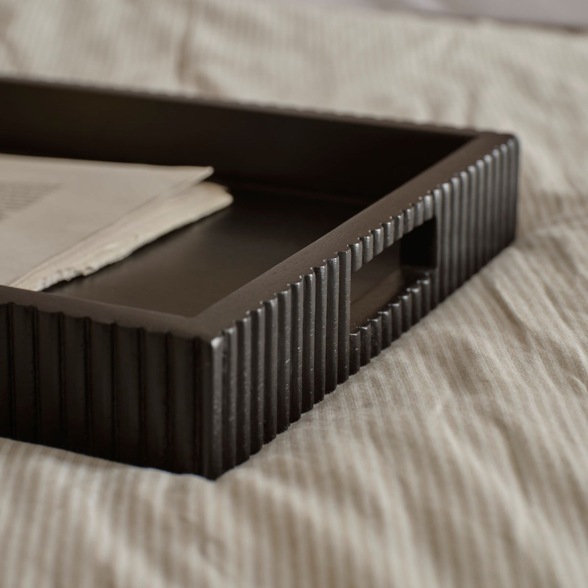 Jade 50cm Rectangular Ribbed Tray - Jet Black Mango Wood