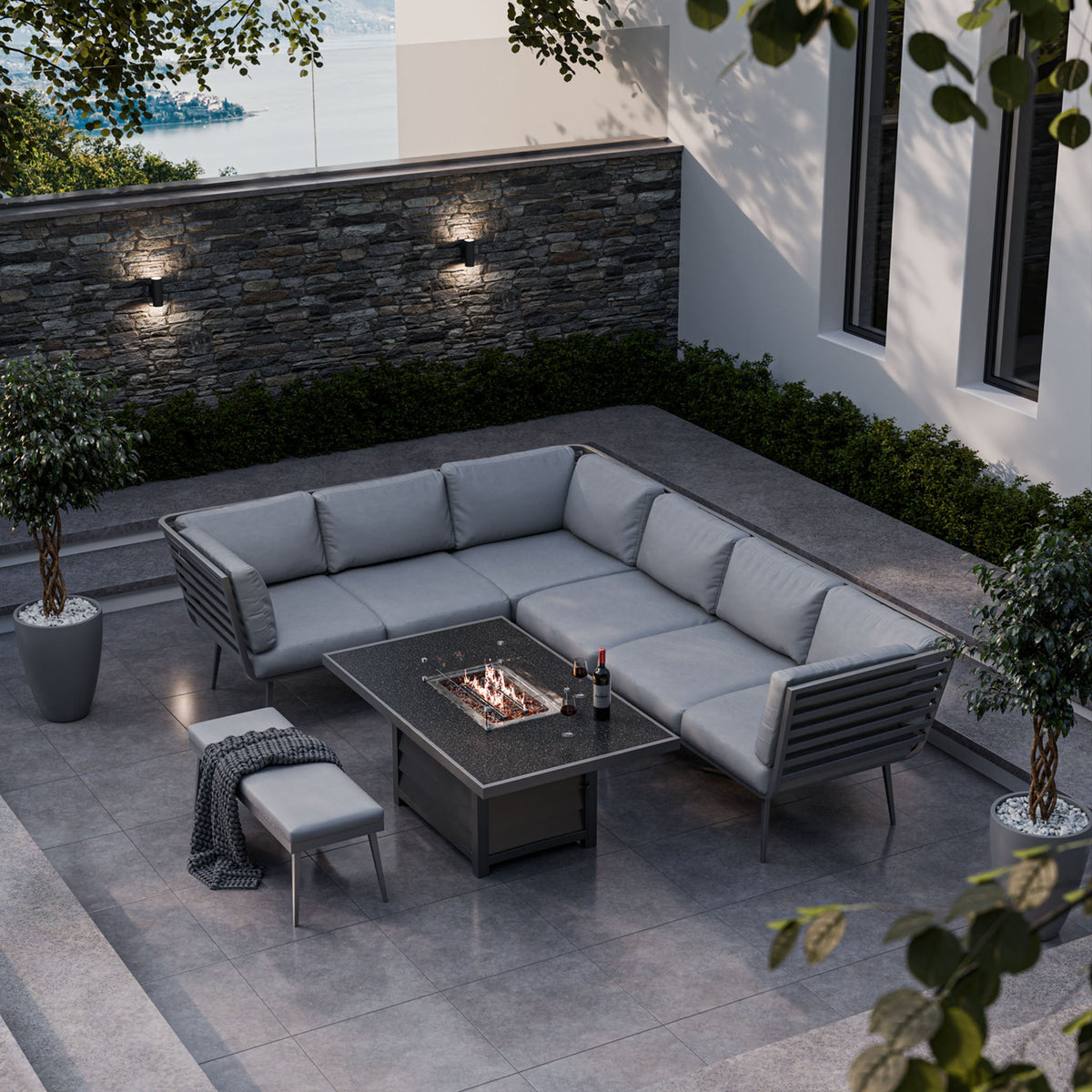 Mayfair 150cm Corner Fire Pit Table Garden Lounge Set