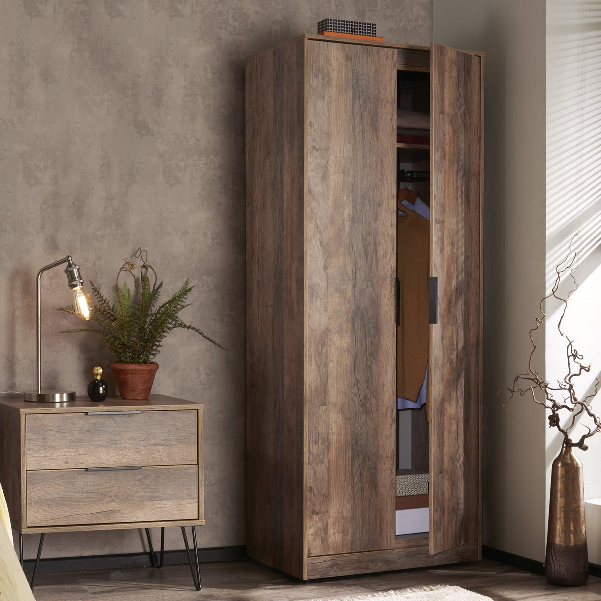 Moreno Rustic Oak 2 Drawer Side Table