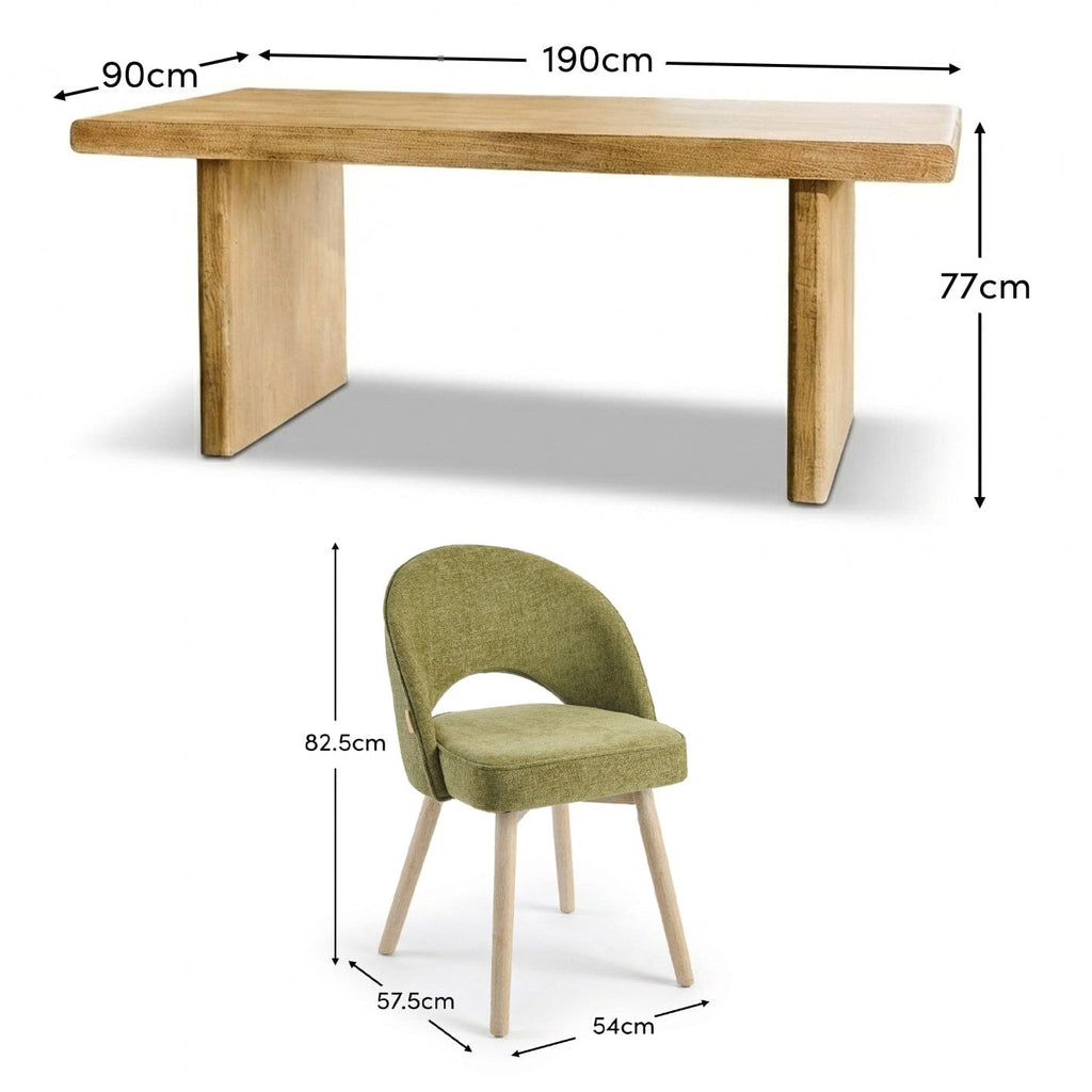 Nevaeh Chalked Mango Wood Dining Table Set - 6 Seater - Marilyn Green Dining Chairs - Chalked Mango Wood Legs