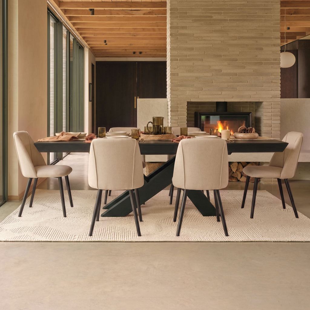 Olivia 160-240cm Black Oak Dining Table Set - 6 Seater - Freya Sand Dining Chairs - Black Oak Legs