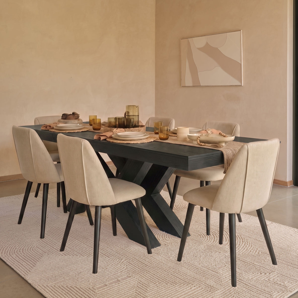 Olivia 160-240cm Black Oak Dining Table Set - 6 Seater - Freya Sand Dining Chairs - Black Oak Legs