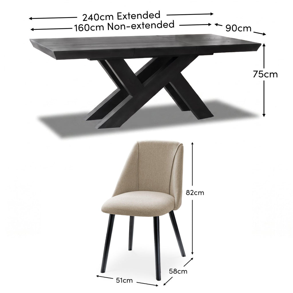 Olivia 160-240cm Black Oak Dining Table Set - 6 Seater - Freya Sand Dining Chairs - Black Oak Legs