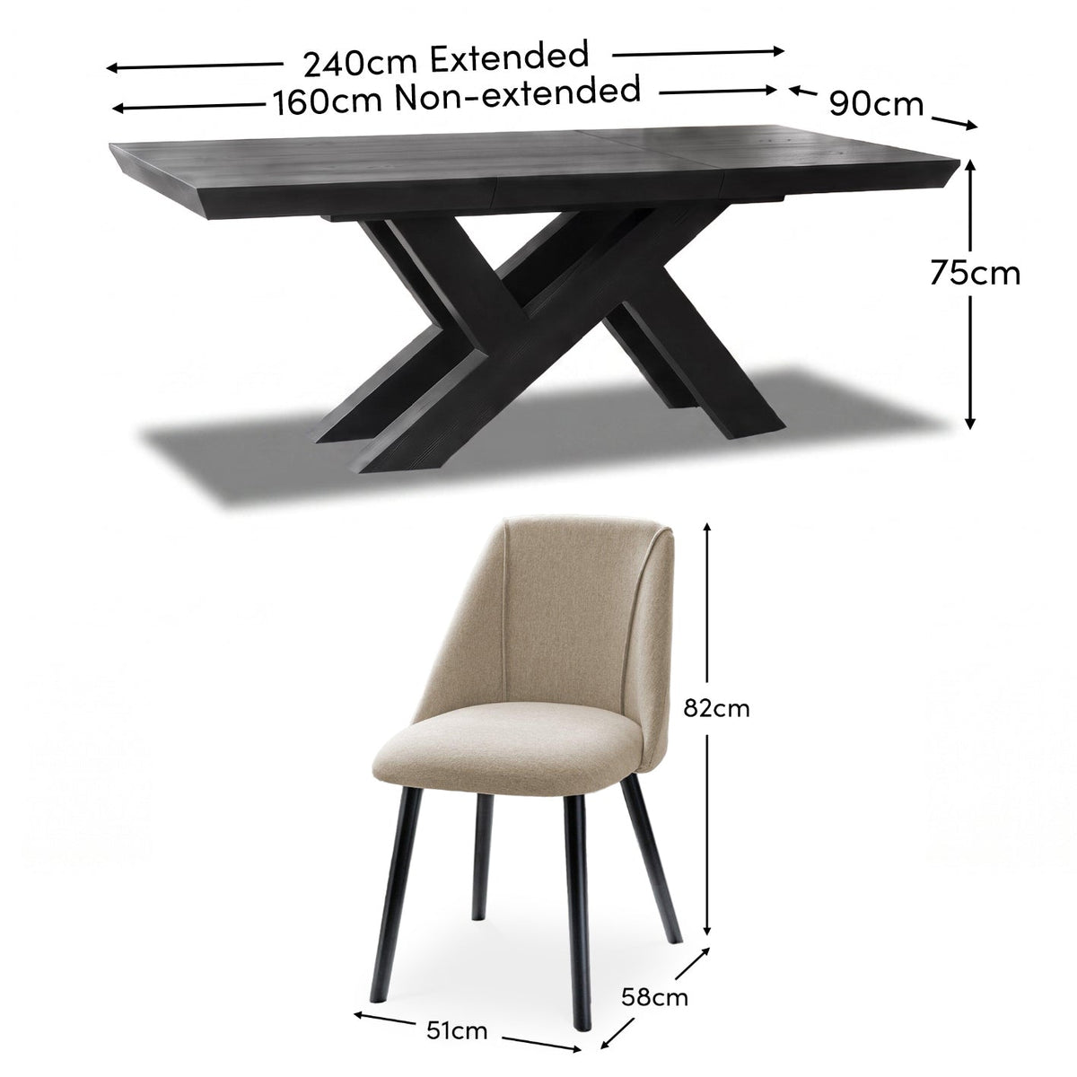 Olivia 160-240cm Black Oak Dining Table Set - 6 Seater - Freya Sand Dining Chairs - Black Oak Legs