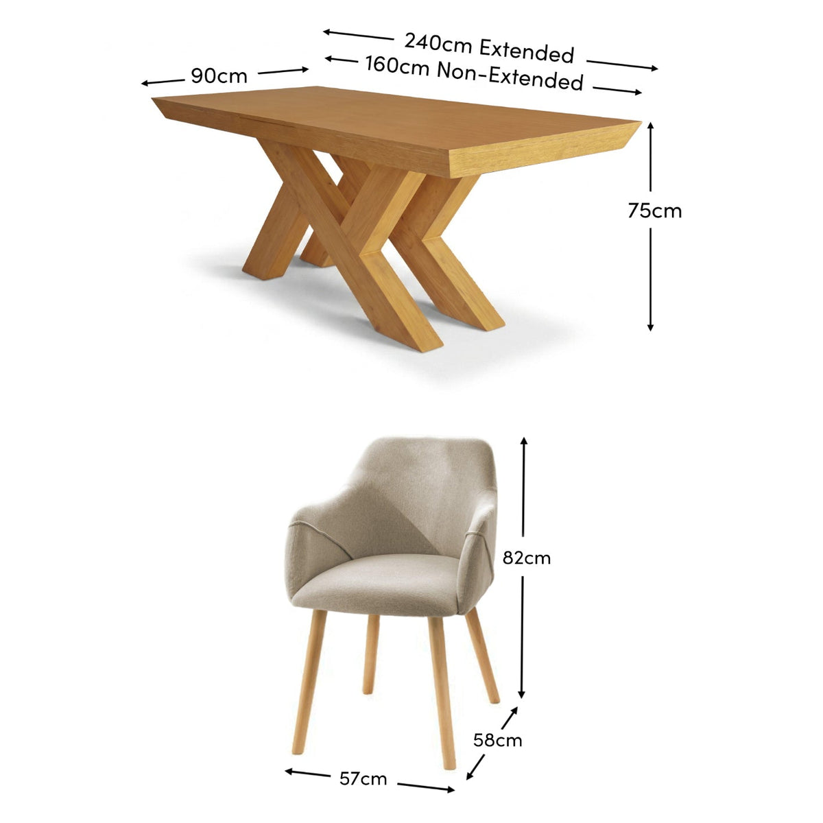 Olivia 160-240cm Pale Oak Dining Table Set - 6 Seater - Freya Sand Dining Armchairs - Pale Oak Legs