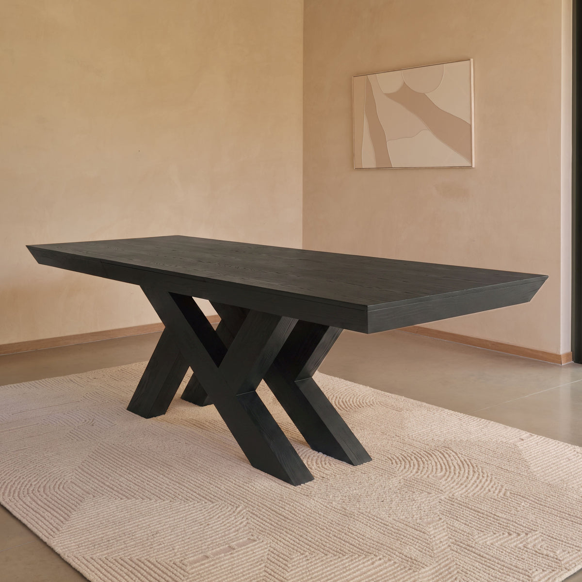 Olivia 160-240cm Black Oak Dining Table Set - 6 Seater - Freya Sand Dining Chairs - Black Oak Legs