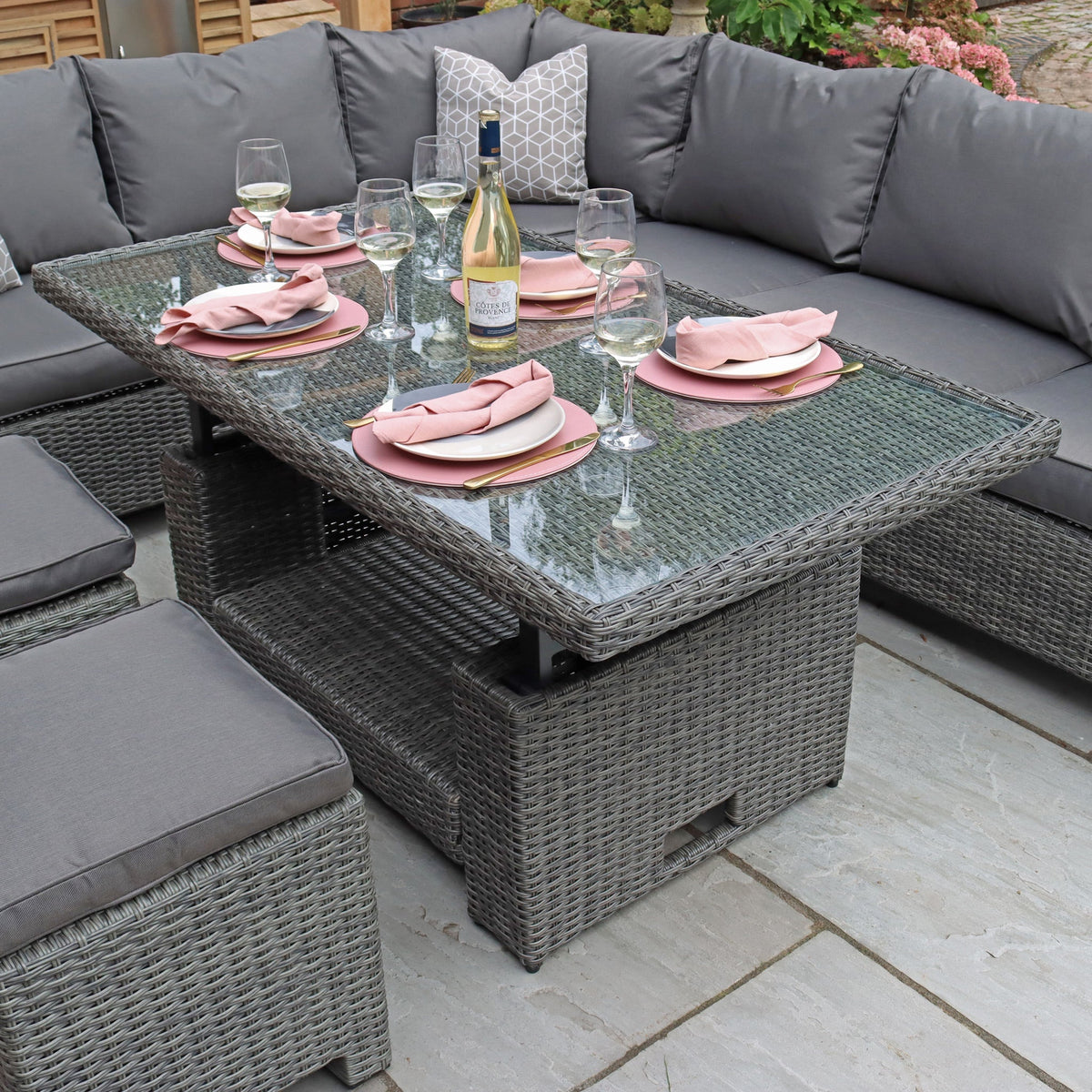 Paris Rattan Lounge Dining Set with Rise and Fall Table