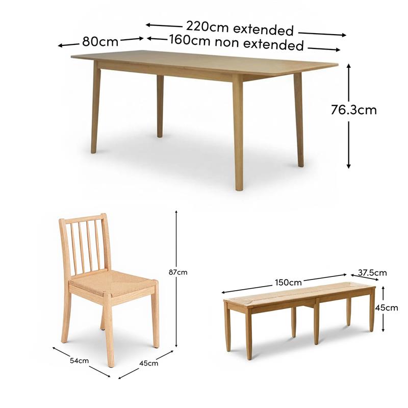 Paul 160-220cm Whitewash Oak Extending Dining Table Set - 6 Seater - 2 Tilly Woven Dining Chairs with 2 Tilly Woven Dining Benches