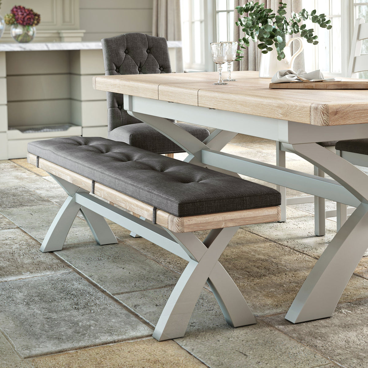 Penzance Stone Grey Cross Leg Bench