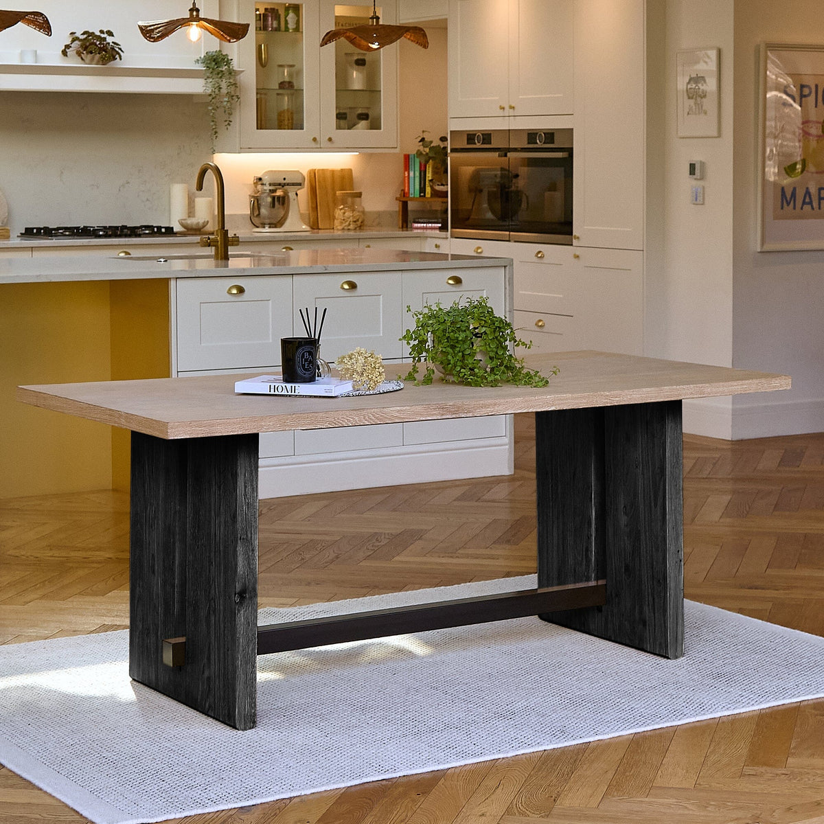 Priya Whitewash Wood Rectangular Dining Table with Black Legs