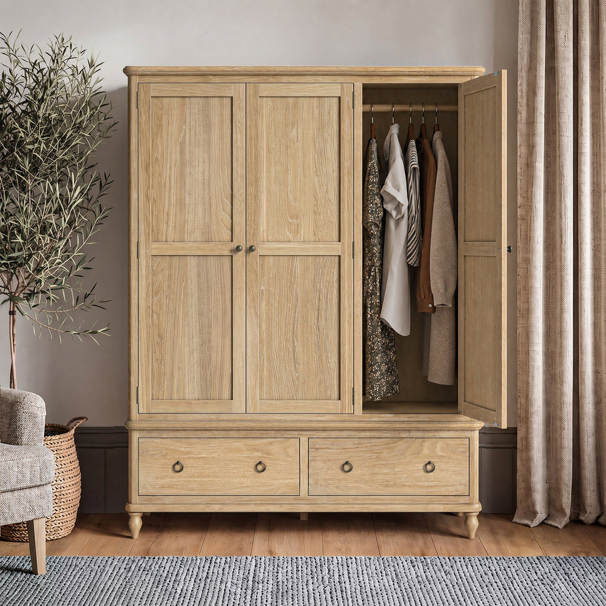 Rutland Oak Triple Wardrobe With 2 Drawers