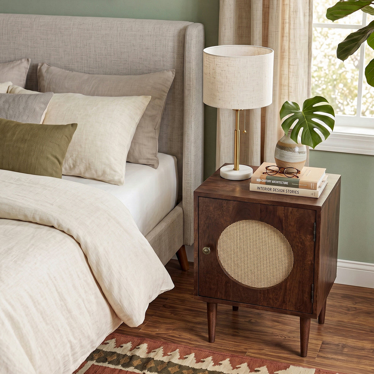 Elsie Dark Stain Mango Bedside Table with Cane Door