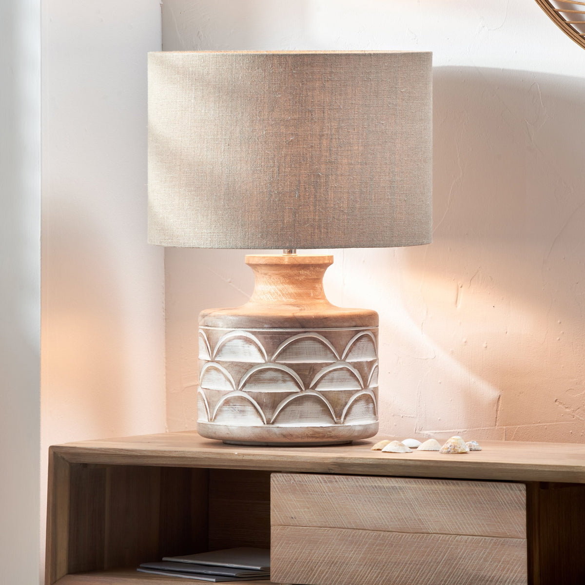 Kingsbury White Wash Large Carved Wood Table Lamp
