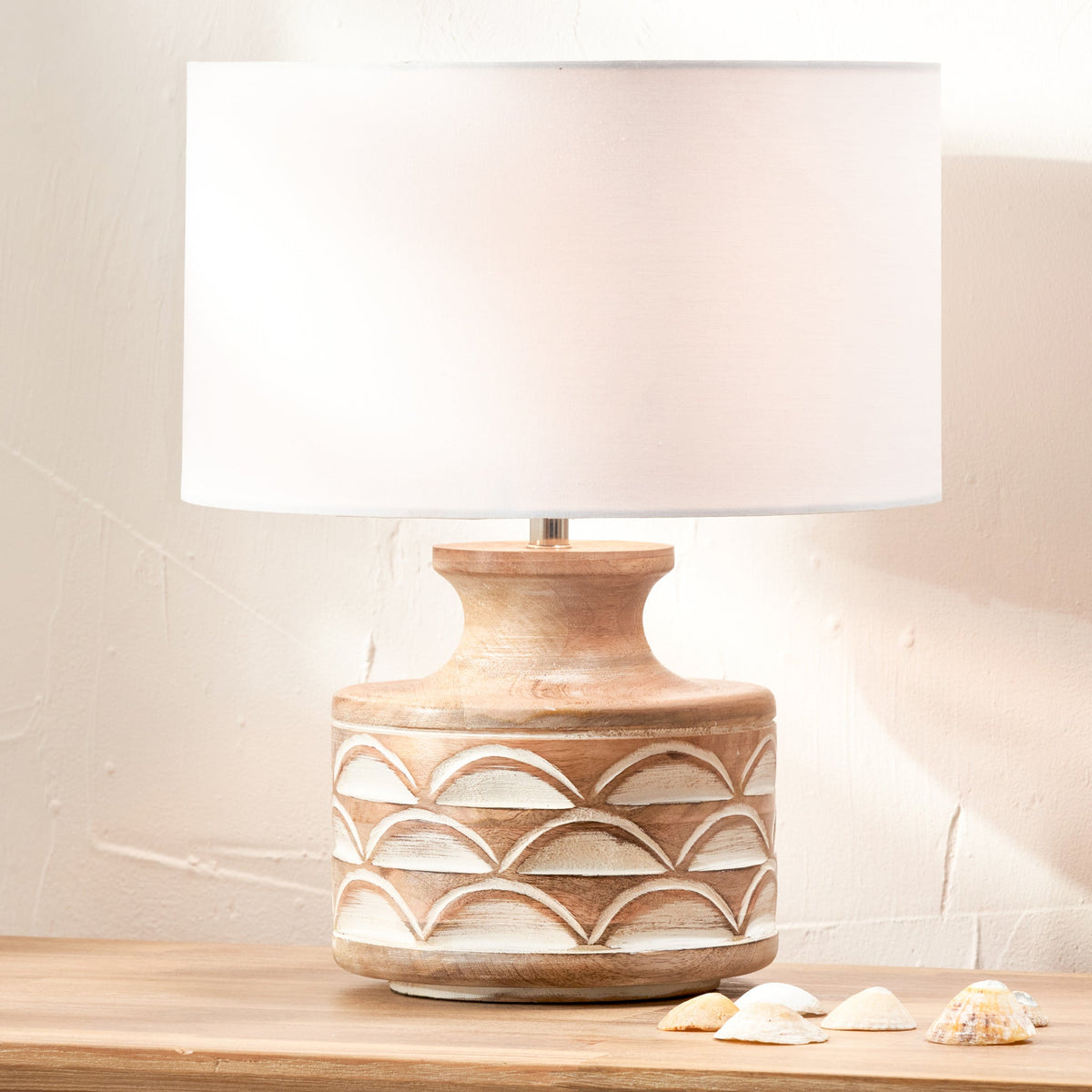 Kingsbury White Wash Carved Wood Table Lamp