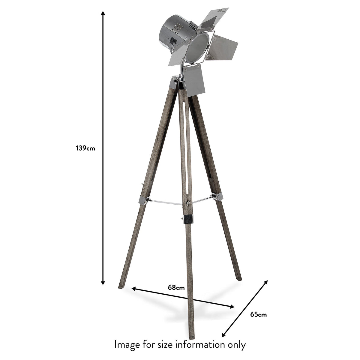 Hereford Silver Metal and Wood Tripod Film Floor Lamp