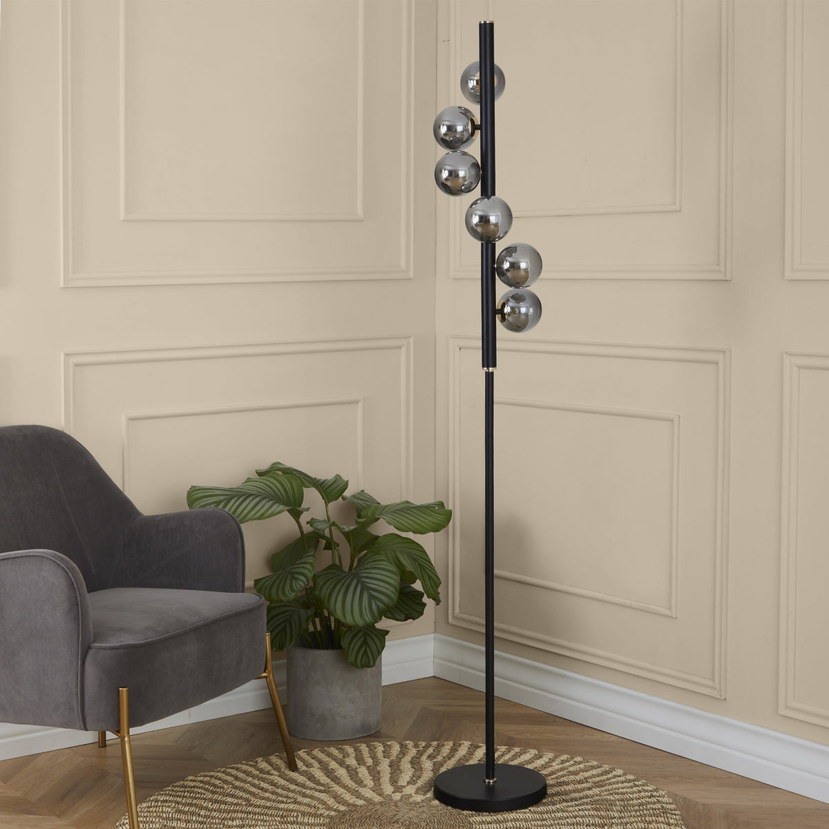 Blair Smoked Glass Ball and Black Metal Floor Lamp